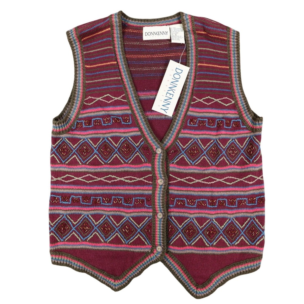 Donnkenny Sweater Vest Womens M Vintage 90s Burgundy Beaded Fair Isle Cotton